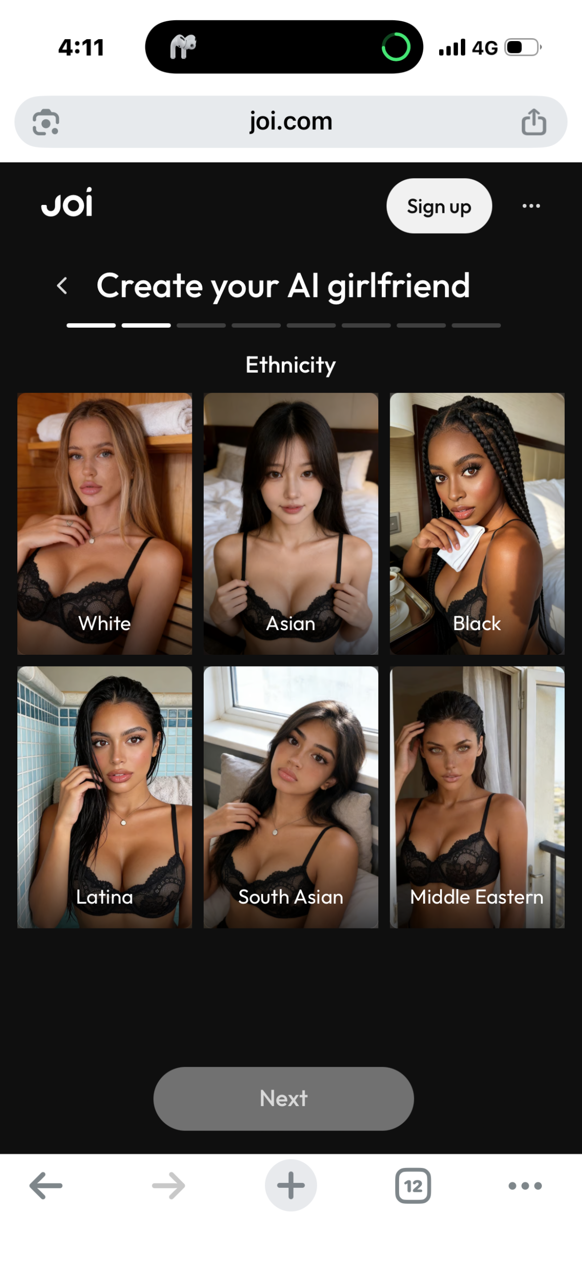 Joi AI's ethnicity screen. South Asian is a separate category; Japan, China and Korea are all inside &ldquo;Asian&rdquo;.