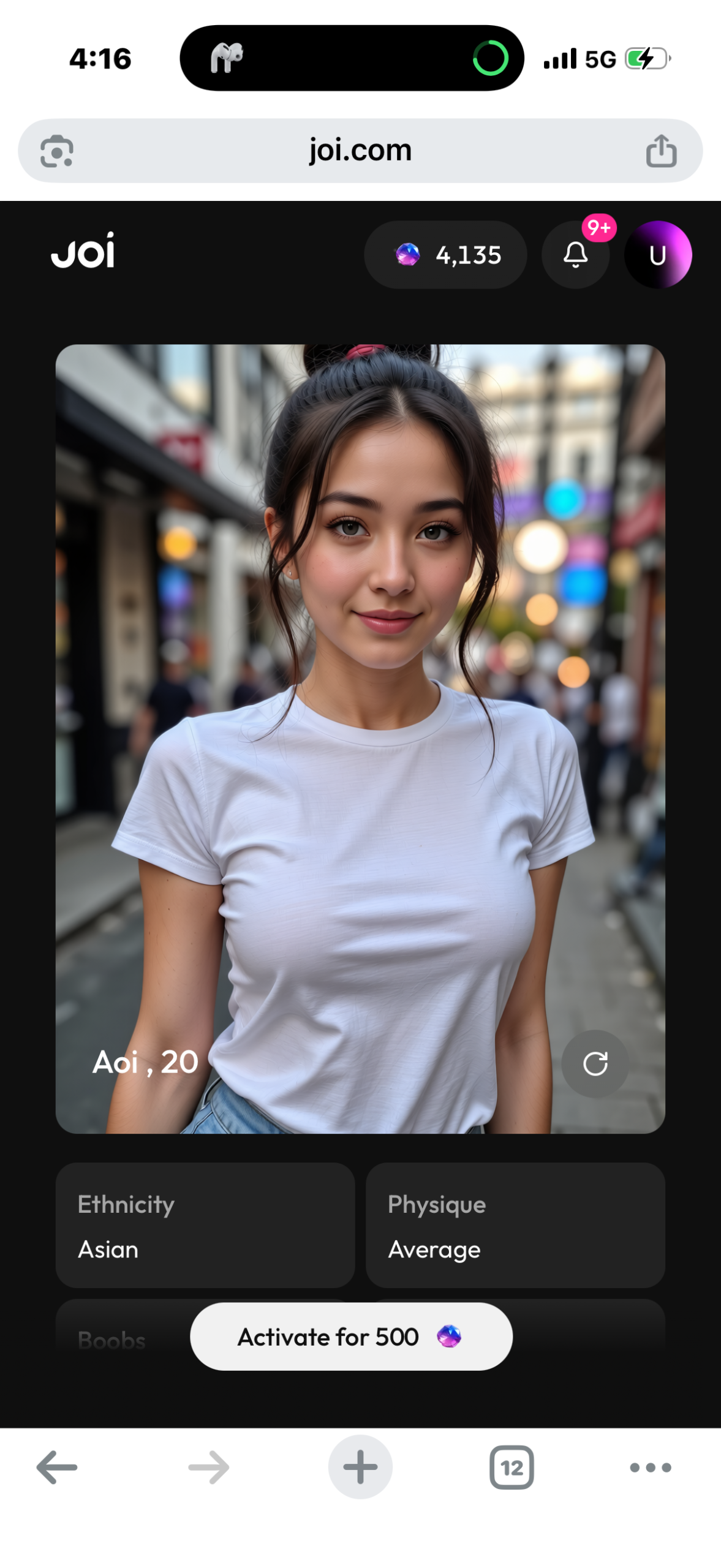 Joi AI's generated character. We set the age to 22; the profile displays 20.