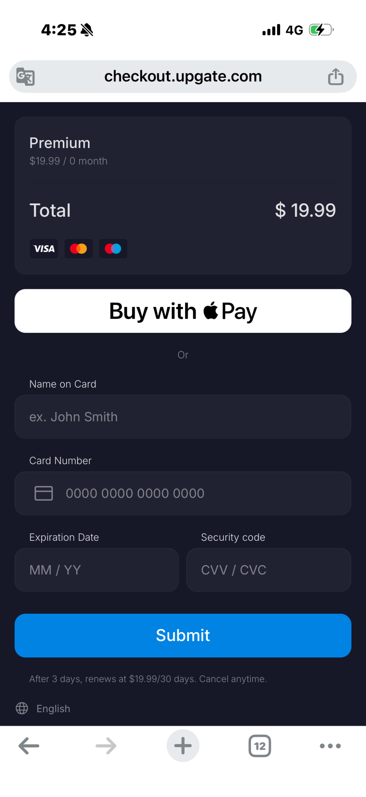 Where Lovescape's character builder ends: a card form on checkout.upgate.com.